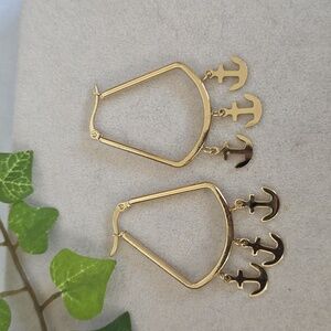 Gold Stainless Steel Hoop Earrings with Dangle Anchor Charms